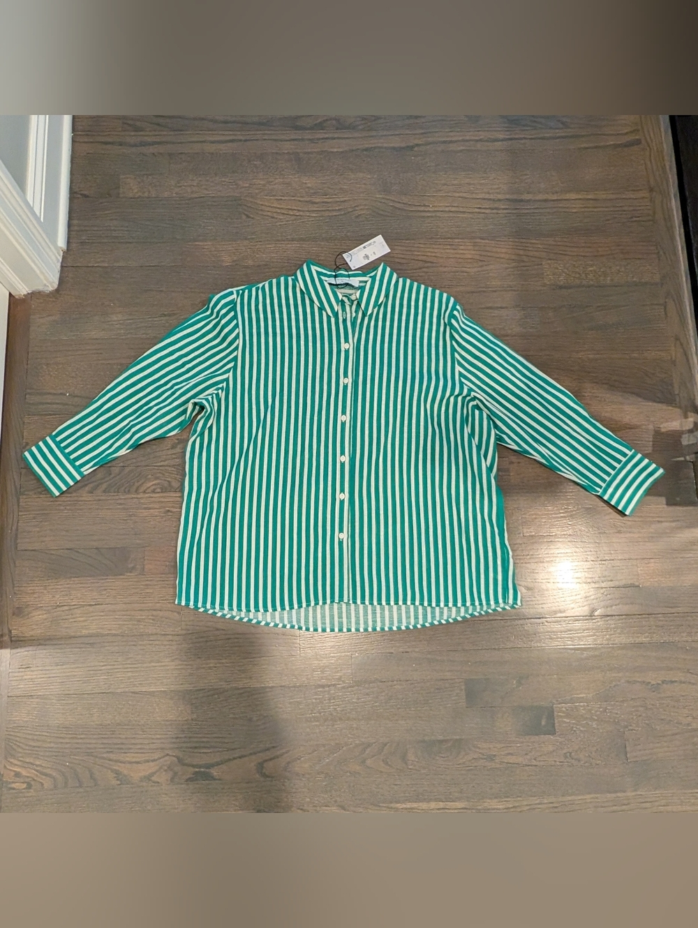 Primark Women's Long Sleeve Button Down Shirt, Striped, Green/White, XL